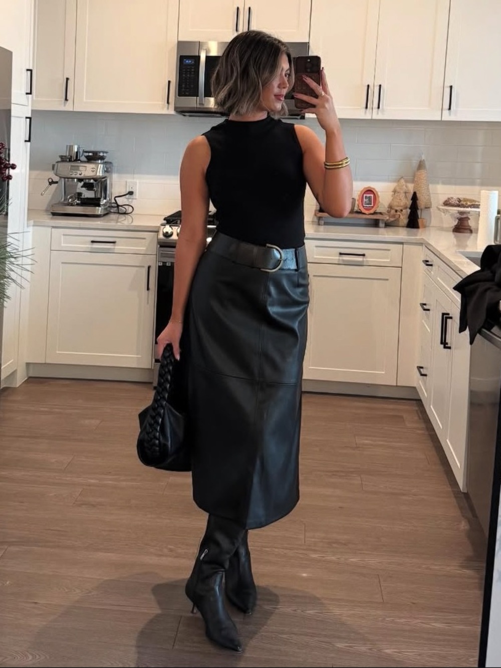MANGO Black Leather Midi Skirt w/Belt